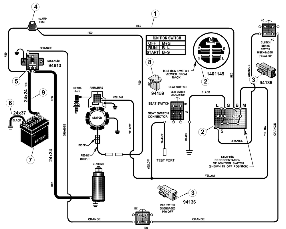 Electrical System Diagram and Parts List for 309012X51A 2001 Briggs and Stratton Lawn Tractor